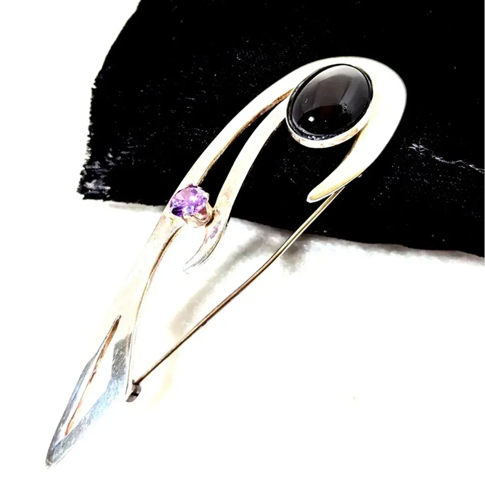 Sterling silver black onyx + amethyst Pin Handmade Large see photos measurements